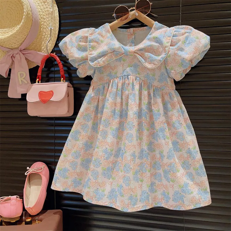 2024Summer Short-Sleeved Girls' Floral Dress Breathable Soft Children Fresh Princess Dress