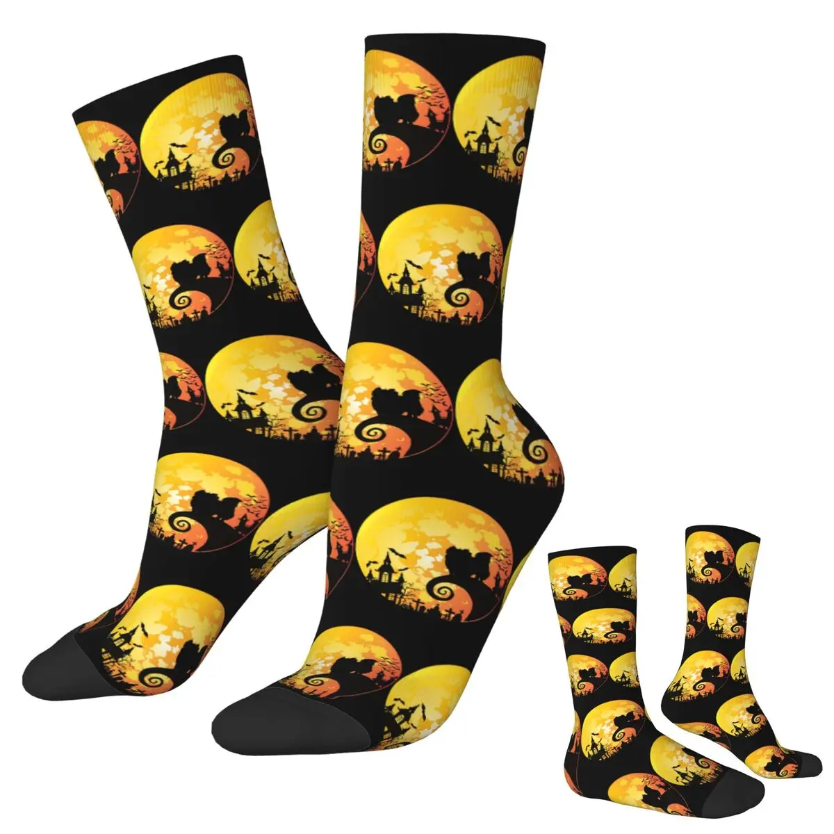 Cão pequinês e lua meias de halloween harajuku meias de alta qualidade durante toda a temporada meias longas para presentes de natal da mulher do homem