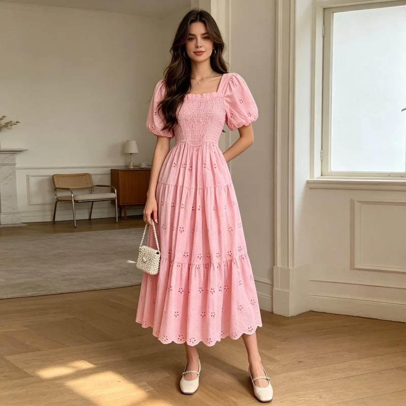 

Long Dress Women Square Neck A Line Vestidos Puff Sleeve Holloe Out Embroidery Elegant Elastic Waist High Street Slim Fit Work