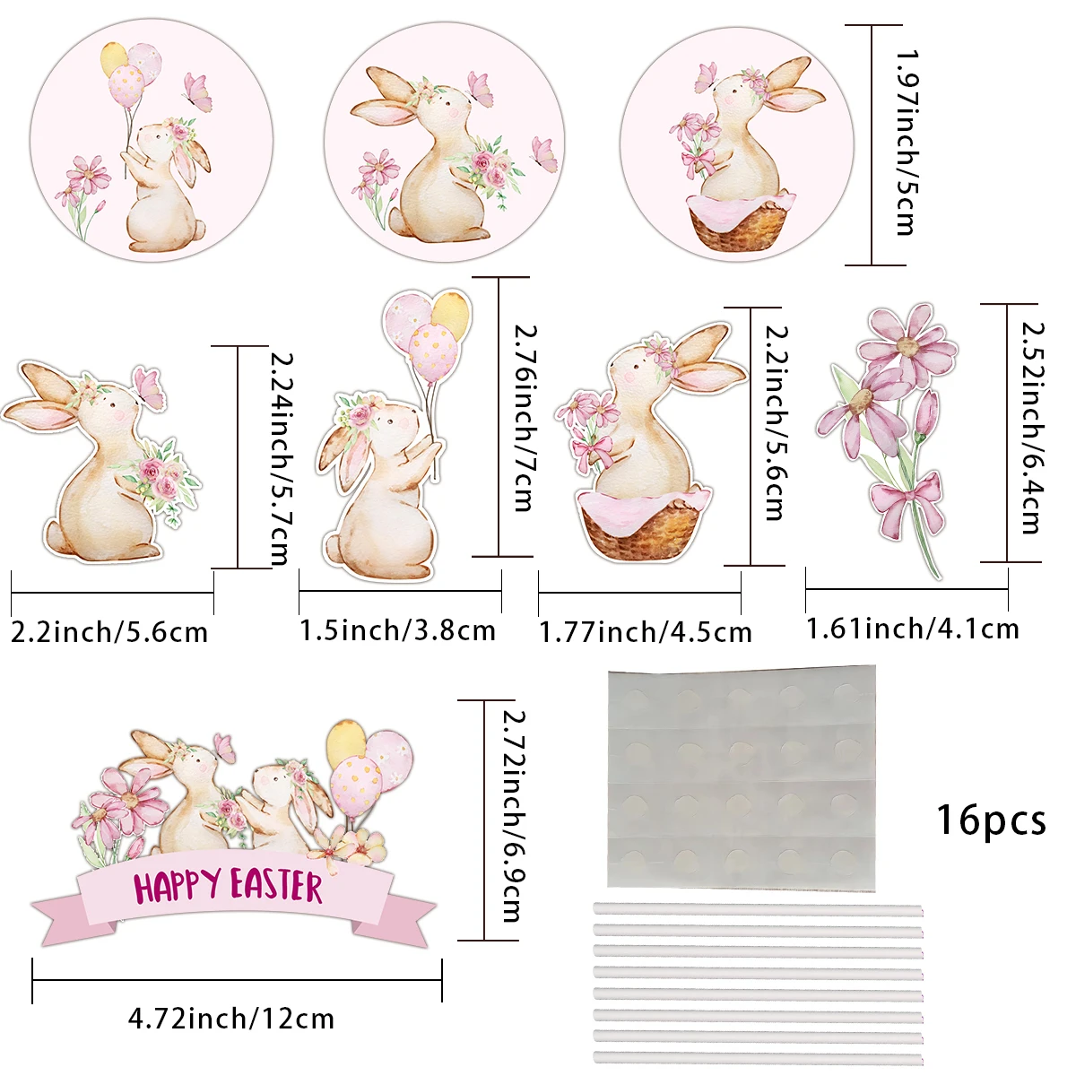 16Pcs Balloon Rabbit Toppers Easter Bunny Pink Flower Topper For Happy Easter Party DIY Cake Decorations Kids Gifts Supplies