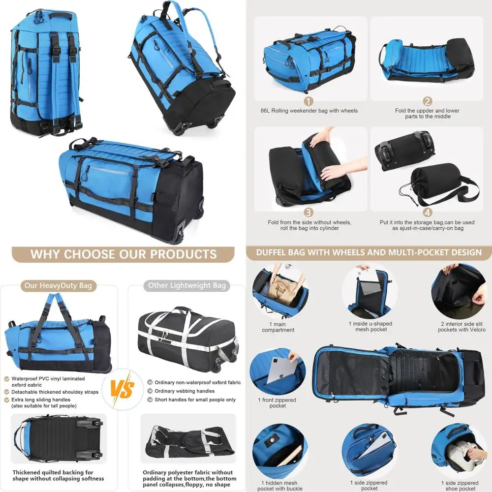 

Foldable Wheeled Duffel Backpack, 86L Capacity, Padded Quilted Bottom, Waterproof, Collapsible Travel Bag with Extended Features