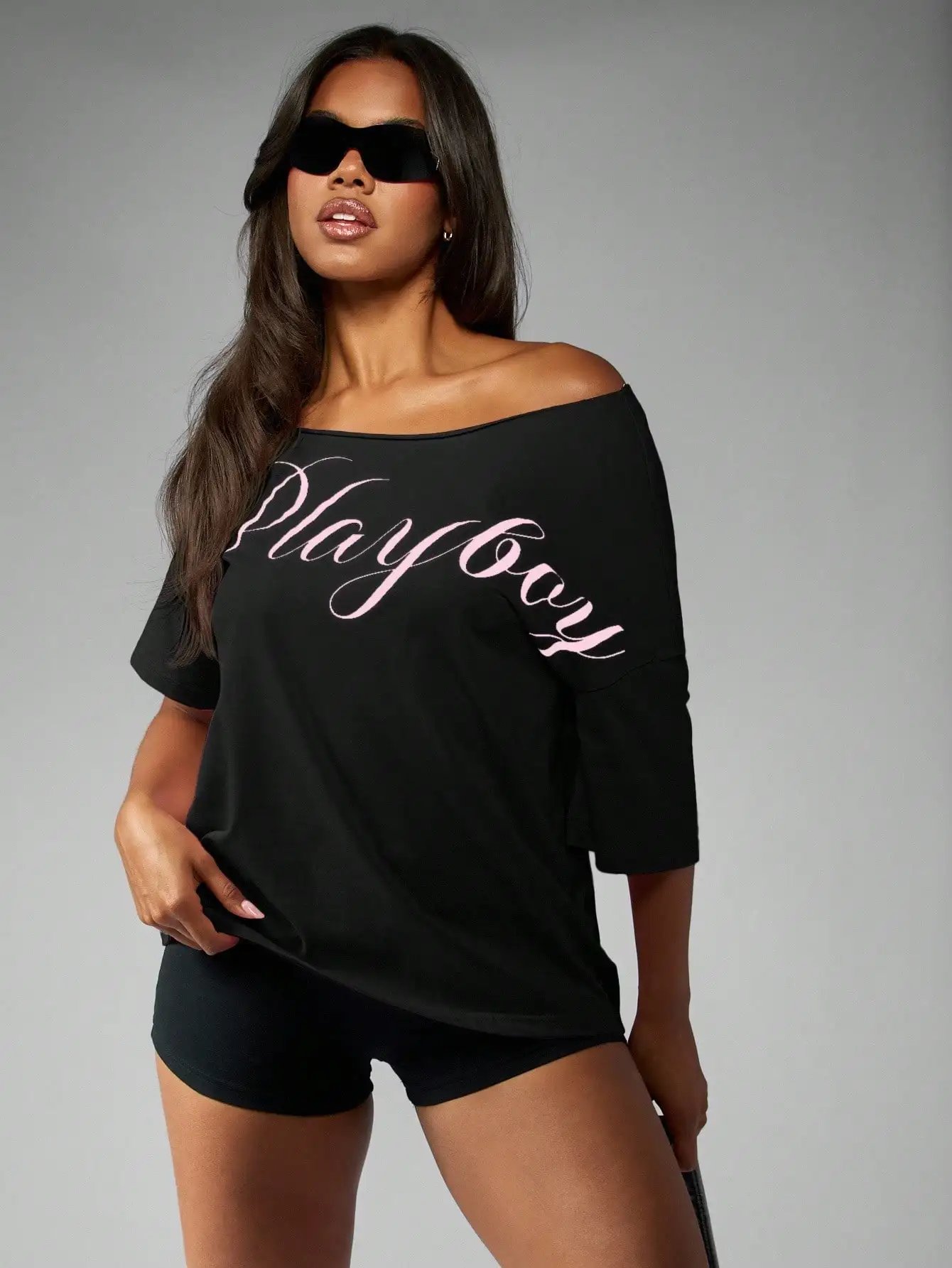 

Playboy Off Shoulder T-Shirt with Pink Script Print, Three-Quarter Sleeve, Relaxed Fit for Street Style