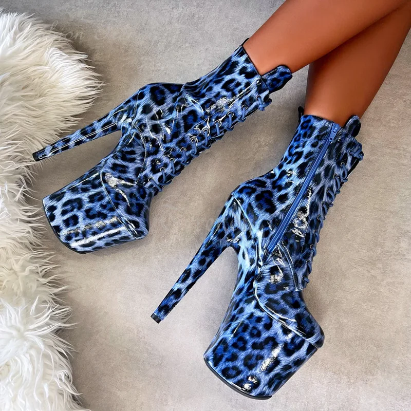 

Blue Black Leopard Print High Platform Booties Women Pole Dance Men Pink Print Graffiti Lace Up Ankle Calf Boots Nightclub Shoes