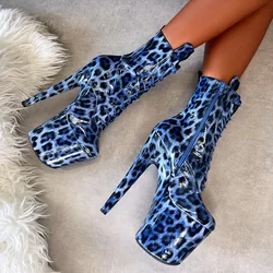 Blue Black Leopard Print High Platform Booties Women Pole Dance Men Pink Print Graffiti Lace Up Ankle Calf Boots Nightclub Shoes