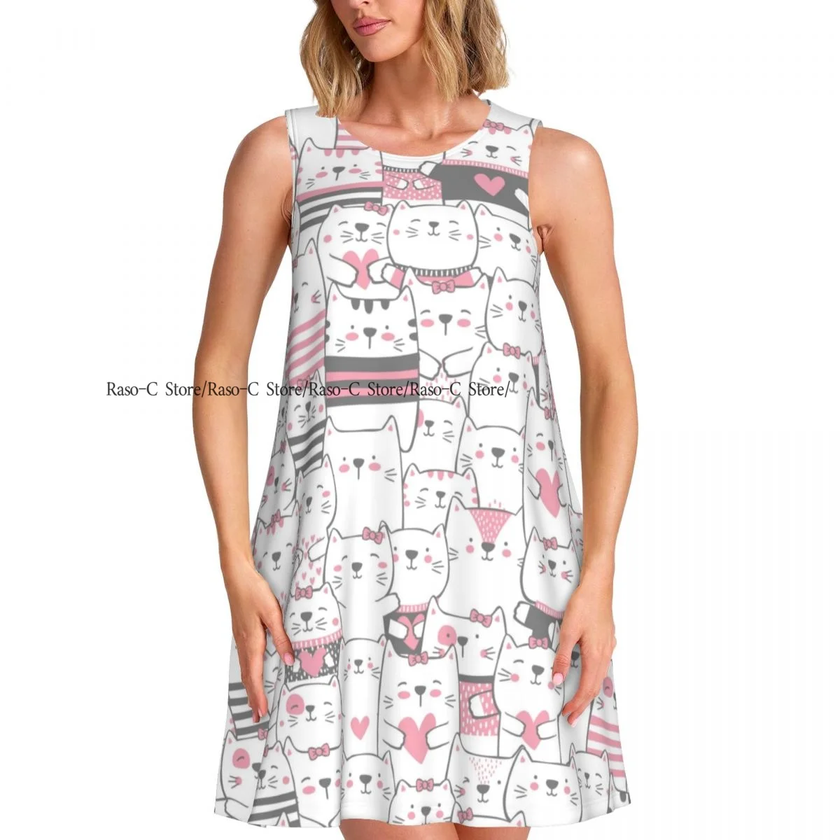 

Summer Vest Dress Women's Cute Cats Sleeveless Female Dresses