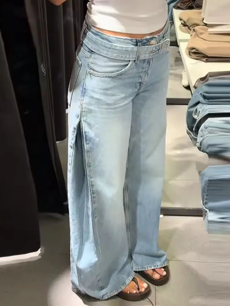 Retro Low-Rise Baggy Wide Leg Jeans 2026 Chic with Waistband Pocket Women Denim Pants Causal Versatile Lady Street Y2k Bottoms