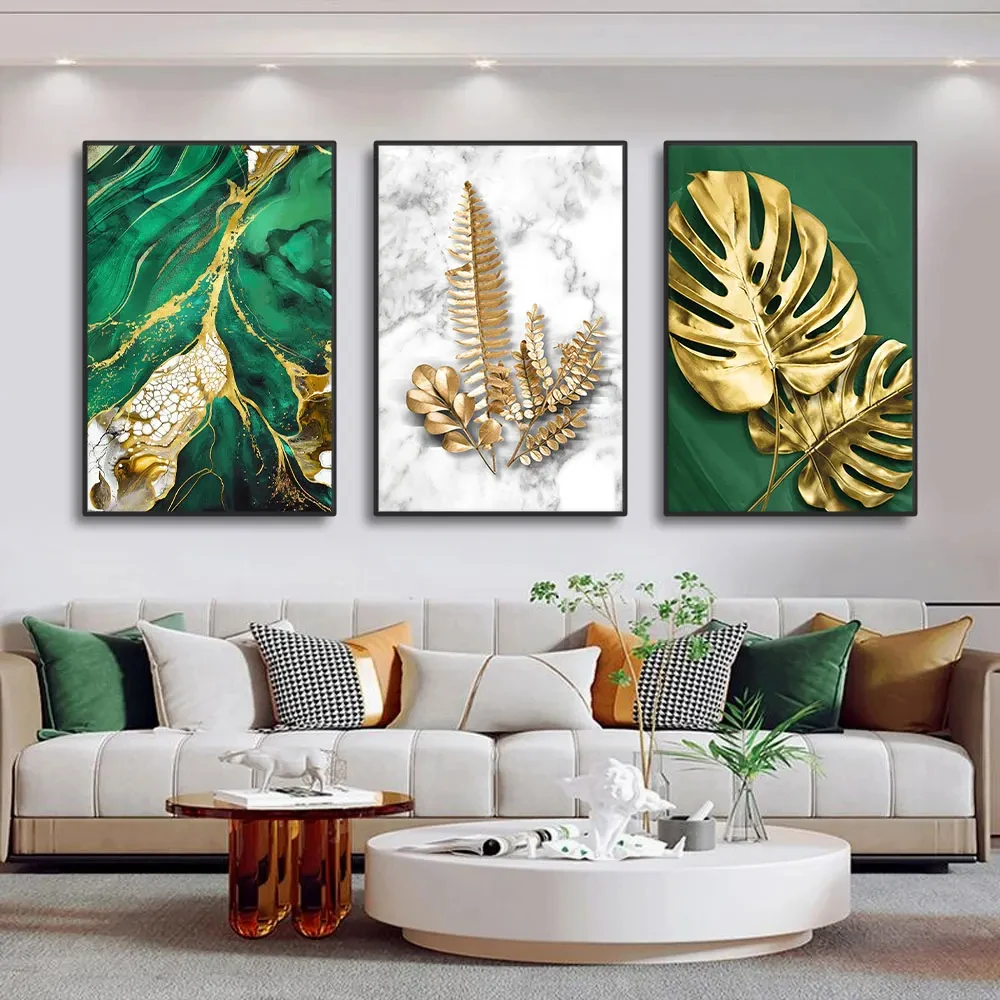 Abstract Gold Leaf Monstera Wall Art Oil Painting Green Marble Texture Gold Foil Art Poster Printing Home Decoration Images