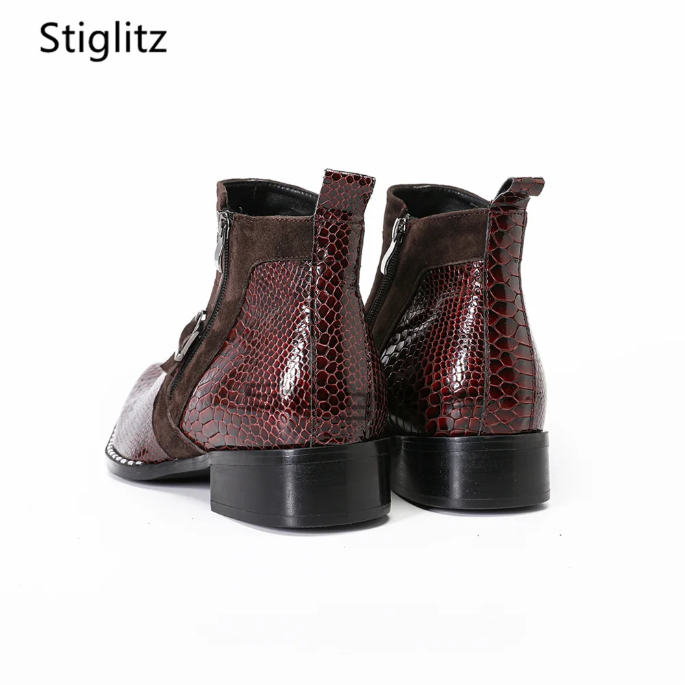 Men's Burgundy Snake Prints Chelsea Boots Genuine Leather Patchwork Pointed Toe Low Heel Side Zip Ankle Boots Business Shoes