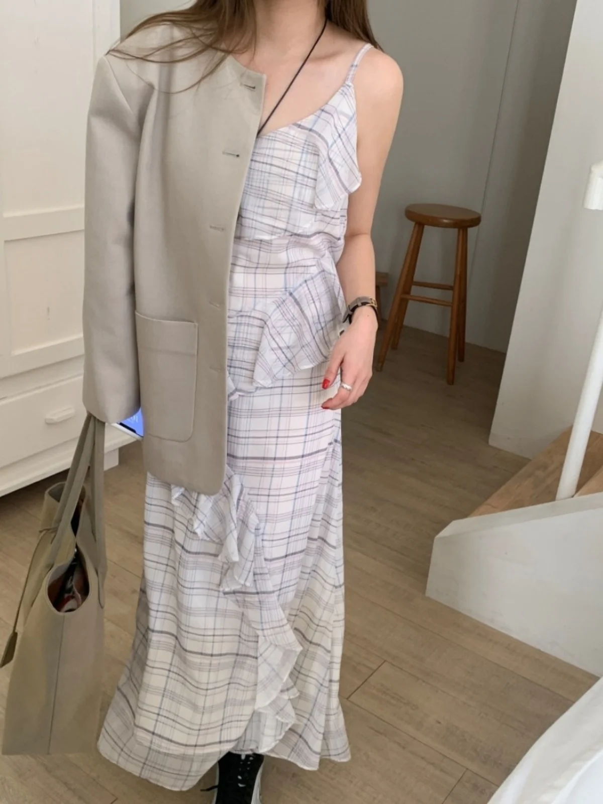 Vestido f e xadrez estilo coreano, camada base emaecedora, vestido longo com mangas de sino, decote em v, cin...