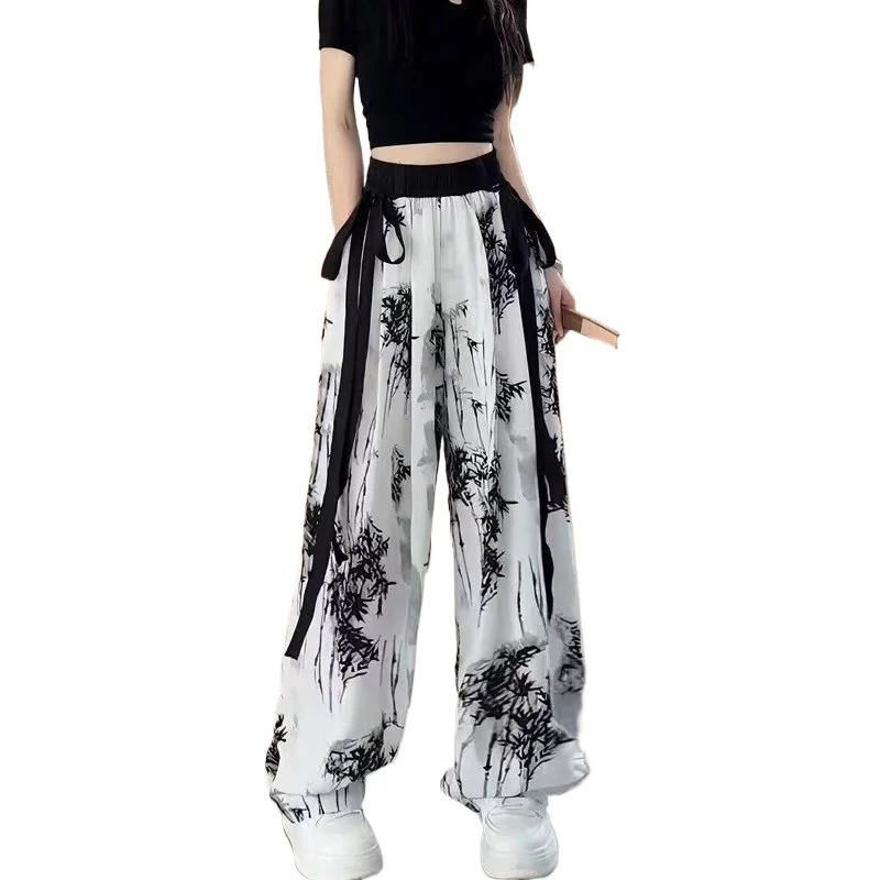 National Style Ink Printing Thin Casual Wide-leg Pants Women's Clothing Summer New Design High Waist Mopping Trousers Cw38116