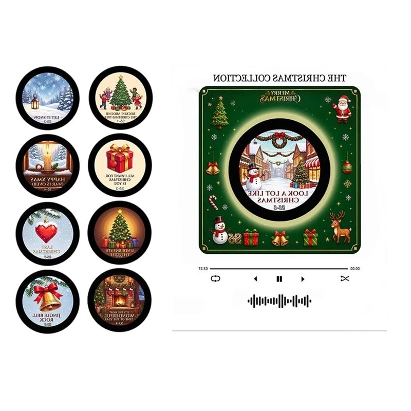 TFORU-Christmas Night Light Fridge Magnet Xmas Magnetic Music Built-In LED Touch To Play Vinyl Record Player Fridge Magnet