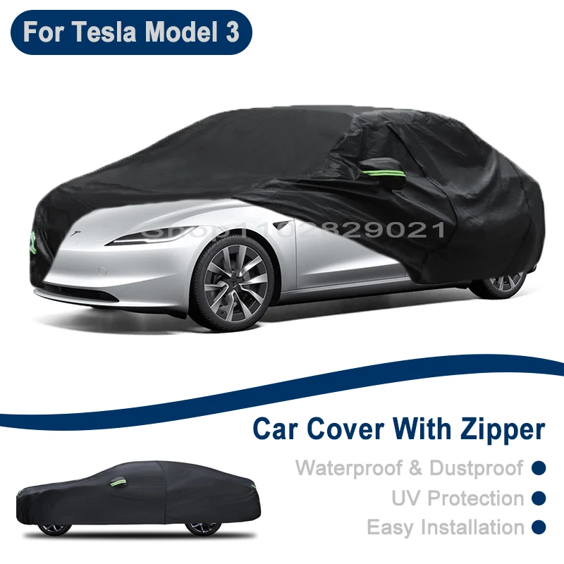 For Tesla Model 3 Full Car Cover - Outdoor Universal Full Body Cover With Side Zipper, Waterproof Dustproof Sunshield