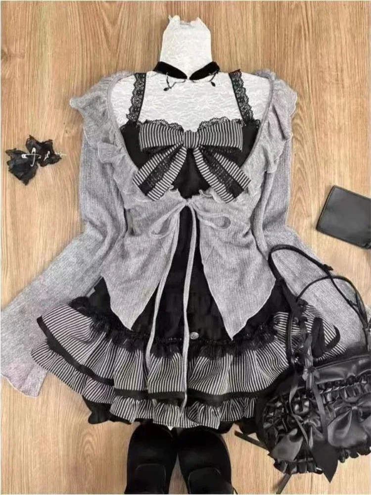 Women Sweet Lolita Lace Up Ruffles Cardigan Sexy Slim Fit Strapless Vest High Waist Ruched Skirts Early Autumn Three Piece Sets