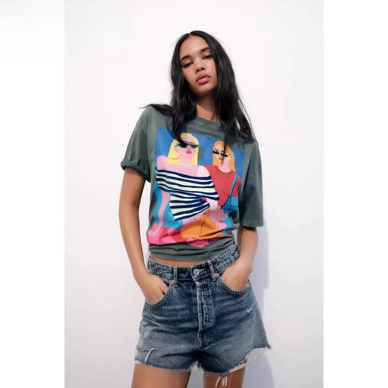 

Summer 2024 Women's American Retro Print Waed Effect round Ne ort Sve T-irt Commute Sle ort Length Other Mater...