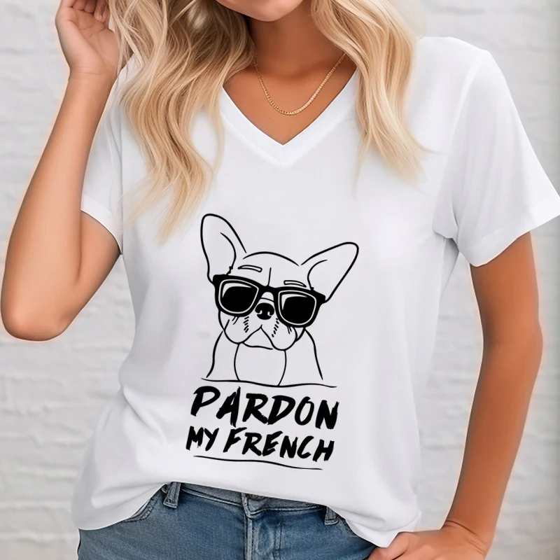 Pardon My French Bulldog Cute Pet Tops Women Animal Lover T-Shirt Summer Casual Tops Cute Bulldog with Glasses T-shirts Female