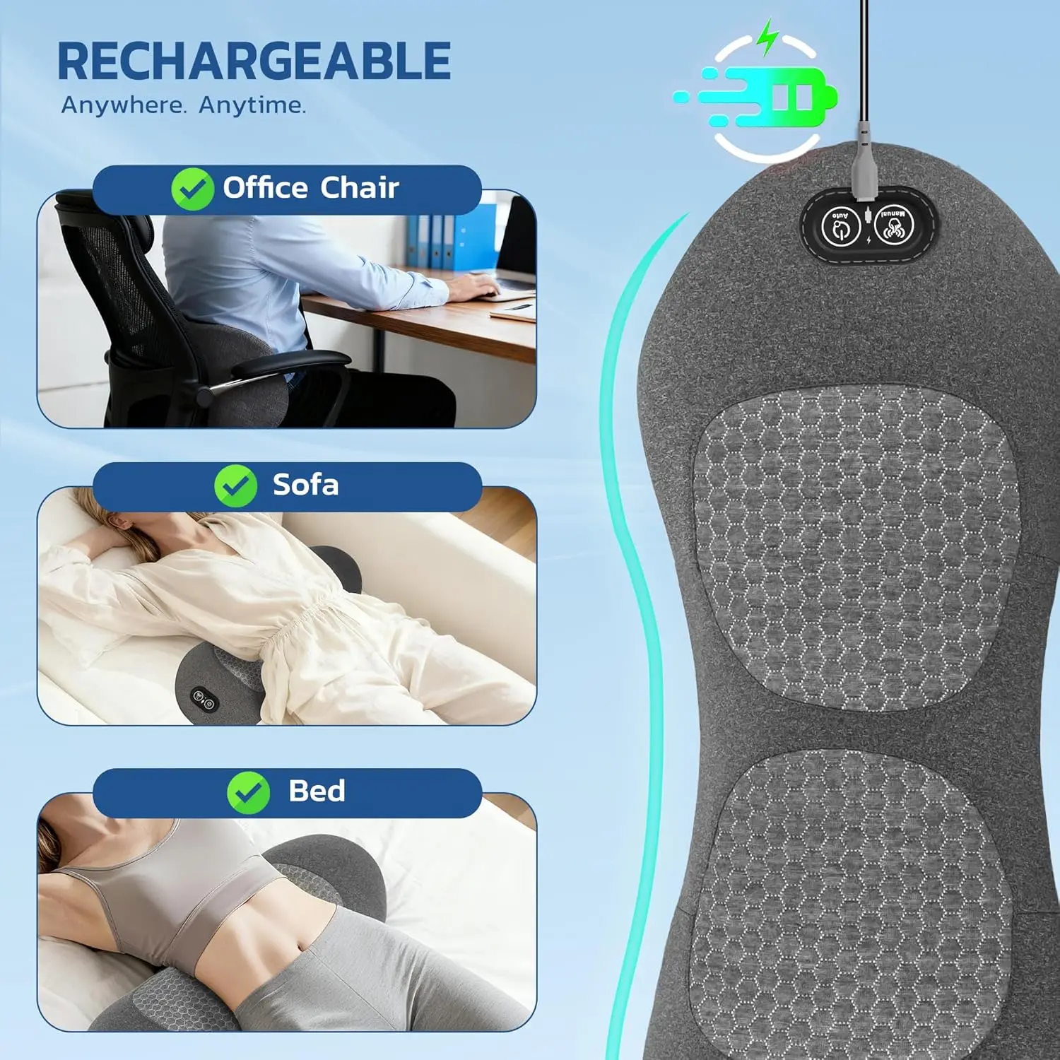 Okayso 3 in 1 Lumbar Support Pillow, Electric Lower Back Massager Waist Decompression Devices Heat Vibration - view 2
