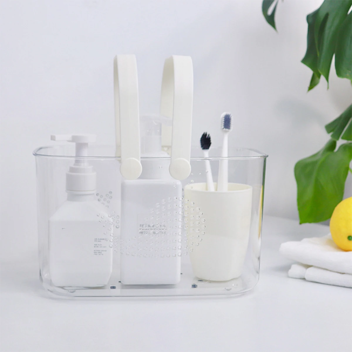 علبة دش الحوت المحمولة مع مقبض سلة تخزين الحمام الشفافة لأساسيات الاستحمام في النوم الجامعي