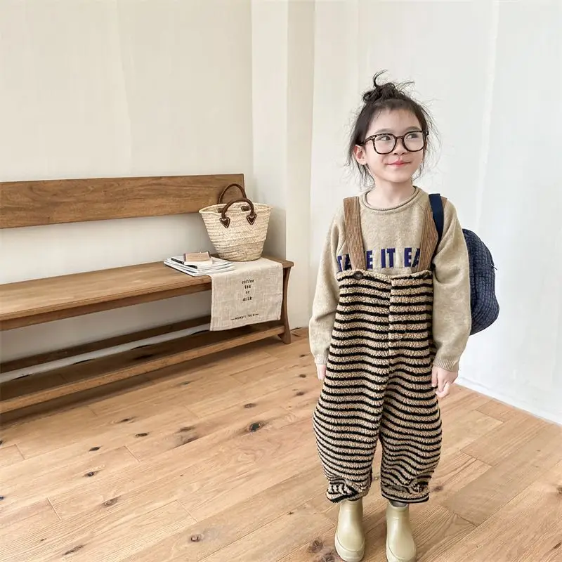 

Winter Children Striped Fleece Overalls Kid Boy Thicken Warm Suspenders Jumpsuit Girl Baby Plus Velvet Pants Toddler Trousers