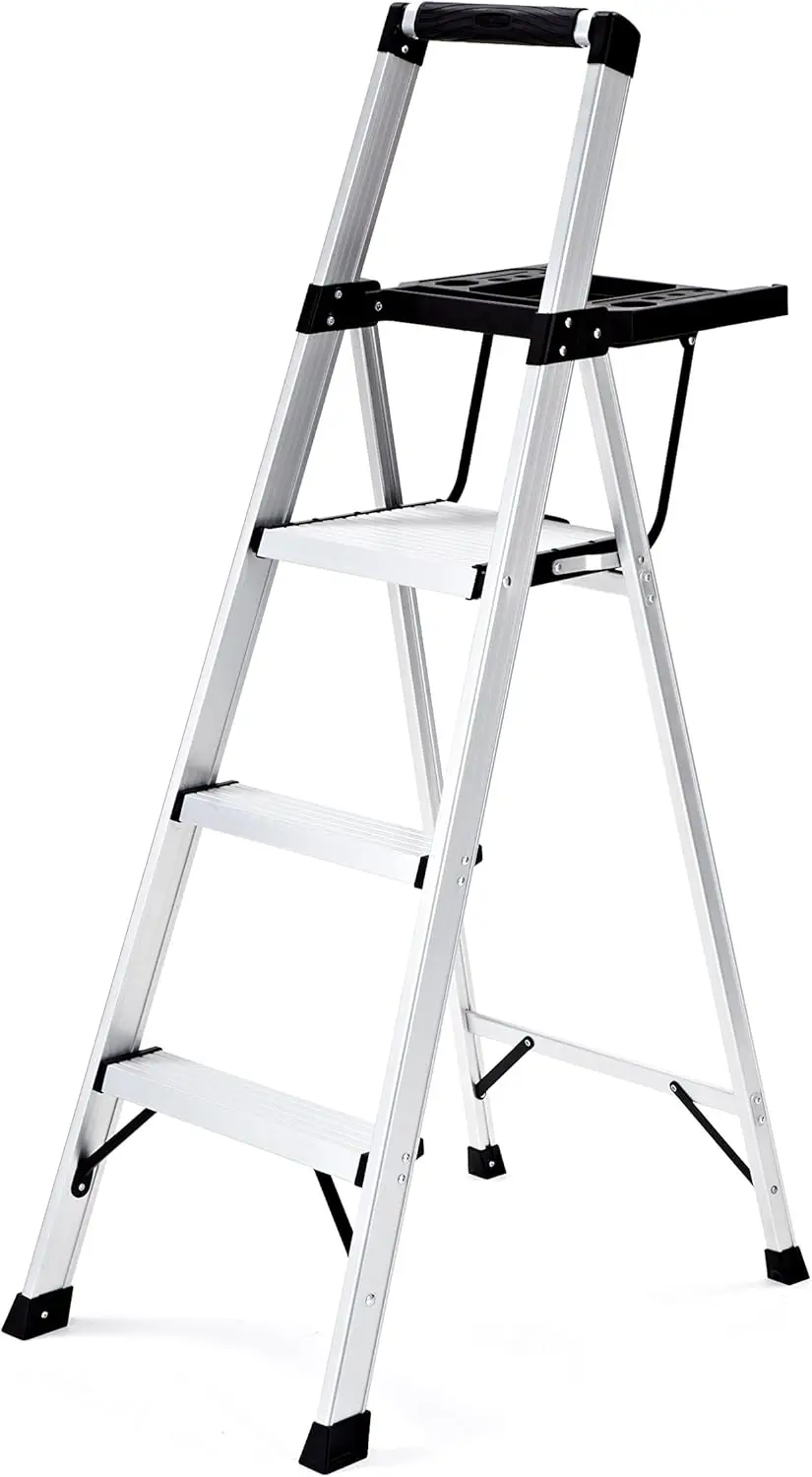 3-Step Ladder, Aluminum Lightweight Folding Step Stool with Project Tray, Silver, Tested to US Safety Standards, No Assembly Req