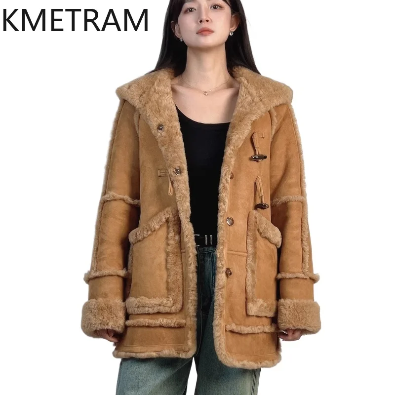 

KMETRAM 100% Natural Wool Sheepskin Double Faced Fur Jacket Woman Mid Length Real Fur Coat with Hood Winter Clothes 2025 шуба