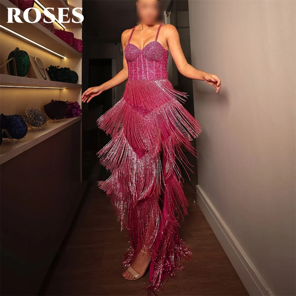 ROSES Plum Sequin Evening Dress Spaghetti Strap Party Dress Straight Layered Tassel vestidos de fiesta Prom Gowns Customized
