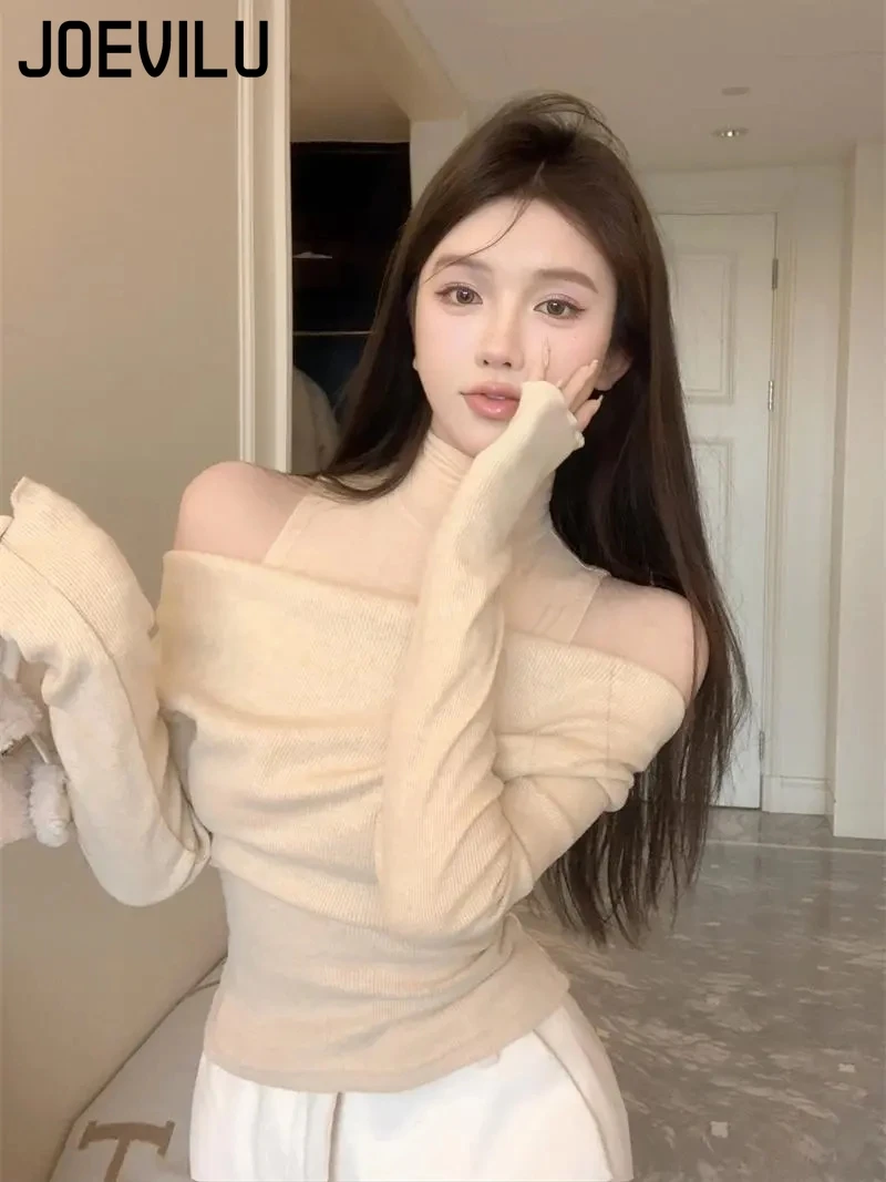 

Turtleneck Off Shoulder Top Women's Unique Long Sleeved T-shirt Autumn and Winter Sexy Slim Fit Undershirt Korean Fashion Blouse