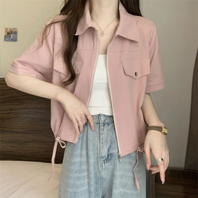 New Summer Short Sleeve Cargo Jacket Women Korean Zipper Drawstring Short Coat Female Black White Turndown Collar Casual Jackets