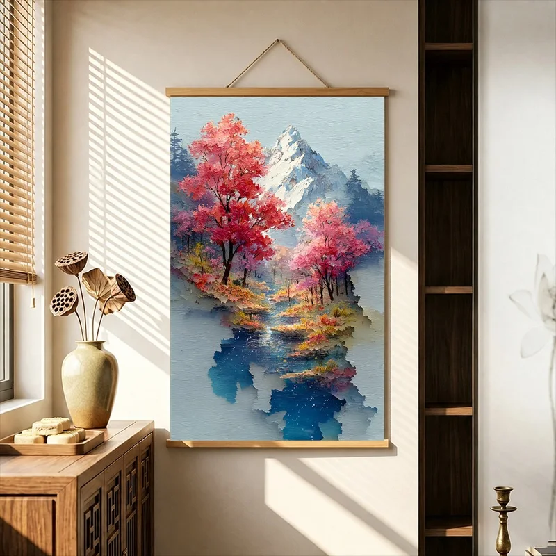Wall Decor Snow Mountain Beneath Clear Sky, Nordic Minimal Pearlescent Canvas Hanging Scroll with Wooden Rods for Living Room
