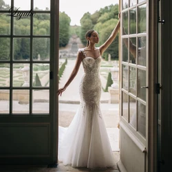 Liyuke Shining Symmetrical Lace Sweetheart Mermaid Wedding Dress With Silky Tulle Appliques Spaghetti Straps Bridal Gowns