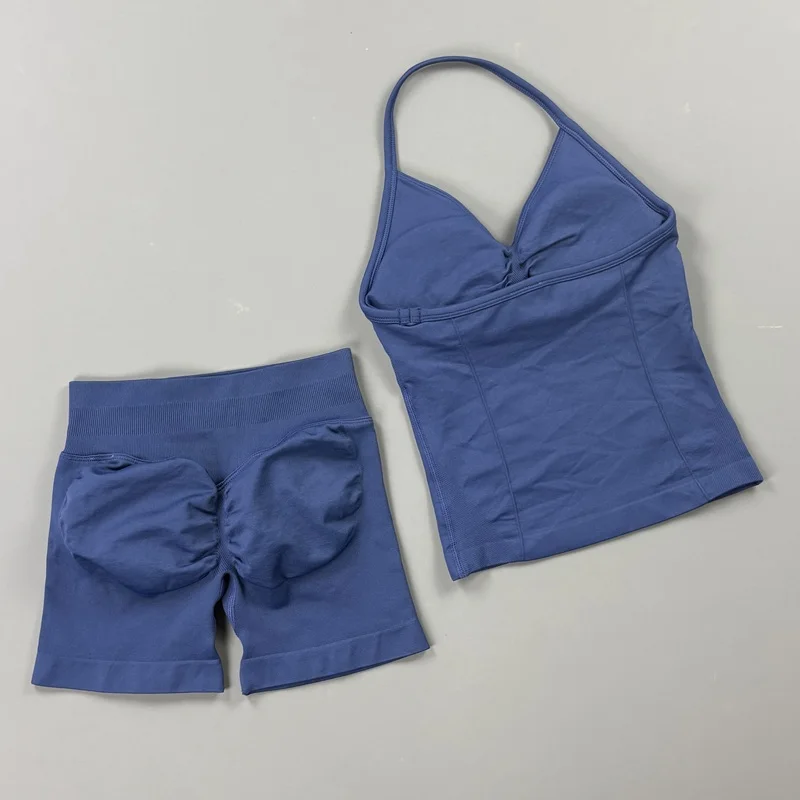 HITELLO Gym Shorts Set Women Seamless Yoga Longline Strappy Top Scrunch Butt Workout Shorts Set Fitness Two Piece Sports Suit