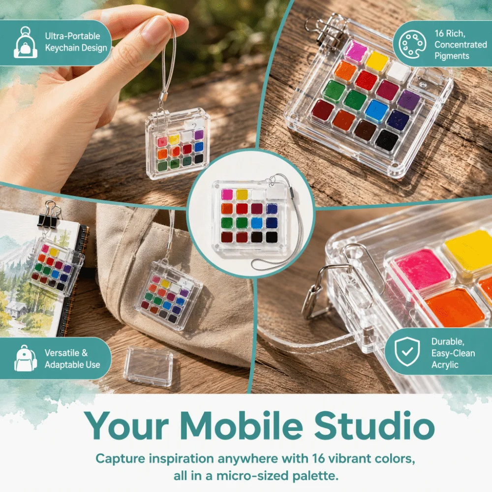 15Color Mini Watercolor Paint Set with Acrylic Storage Box Portable Pocket-sized Paint Set Compact & Easy-to-Carry PocketSized