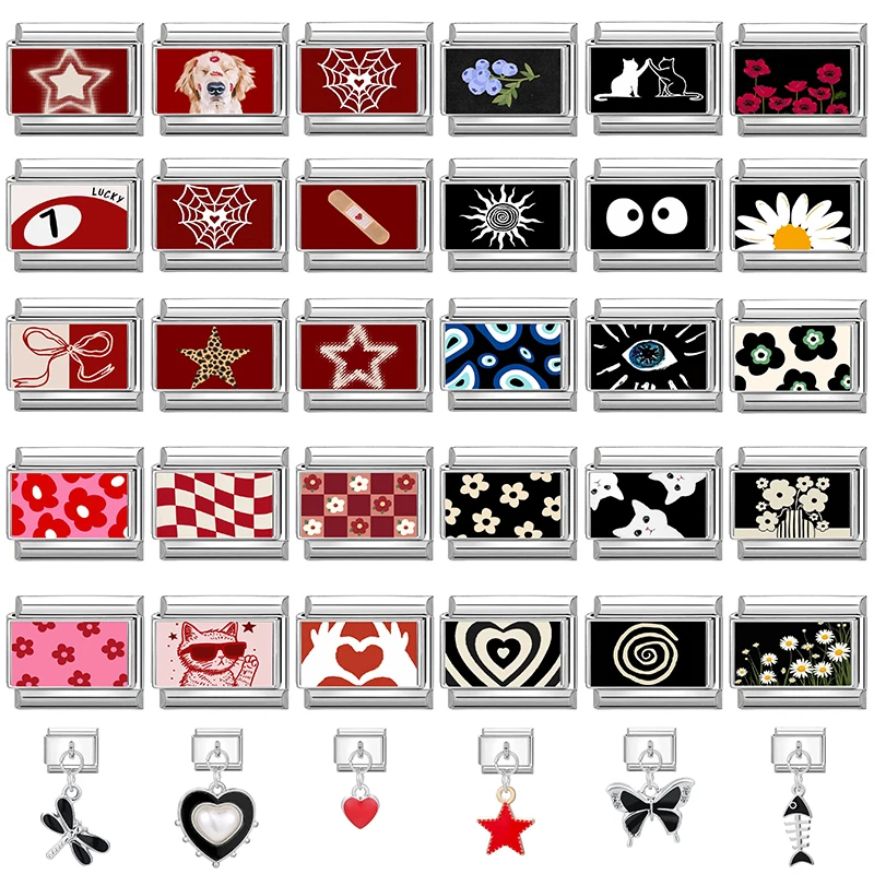 أزياء شخصية DIY أسود أحمر اللون الإيطالي سحر سوار عيون القط المشارب القلب حبة 9 مللي متر سوار مجوهرات من صلب لا يصدأ #1