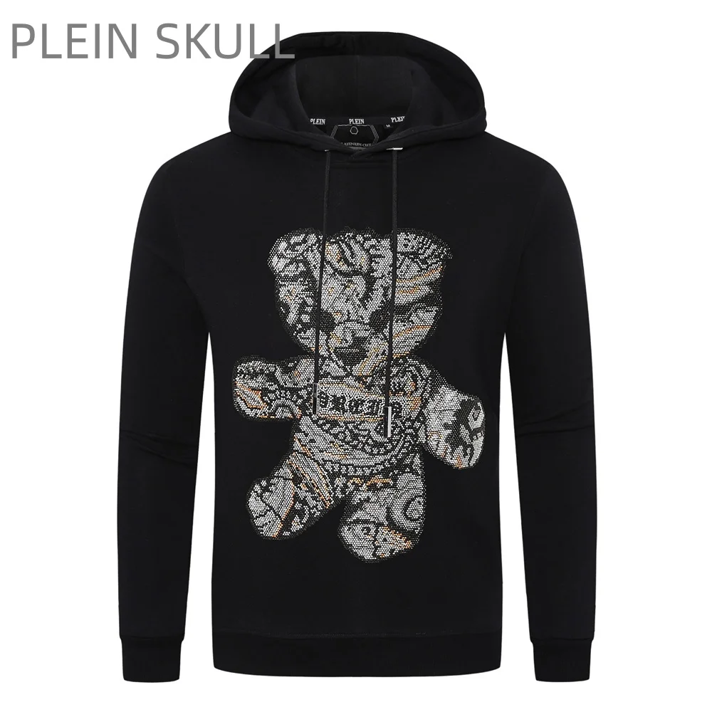 Plein Skull Men's Black Pullover Hoodie Sweatshirt Rhinestone Bear Graphic Hooded Tops Streetwear Casual Loose Hoodies
