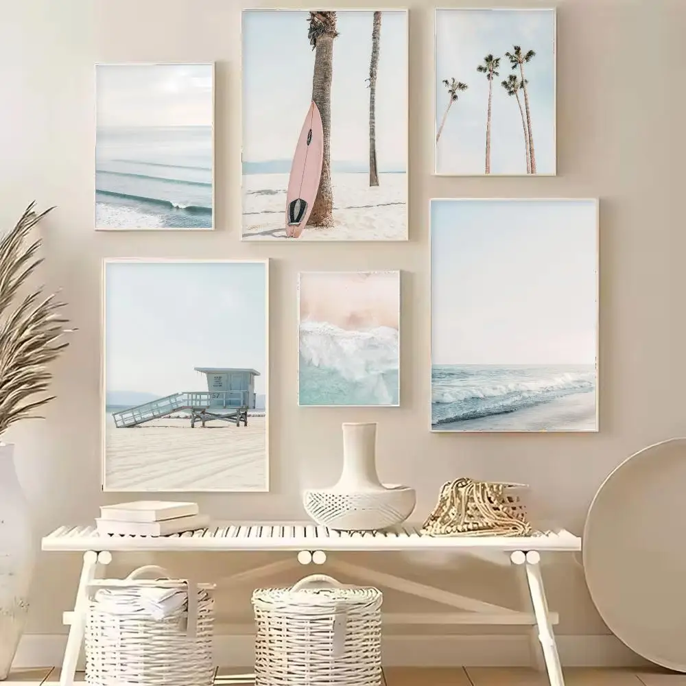 Neutral Beach Walkway Surfboard Ocean Wave Palm Coastal Poster Canvas Wall Art Print for Living Room Home Decor