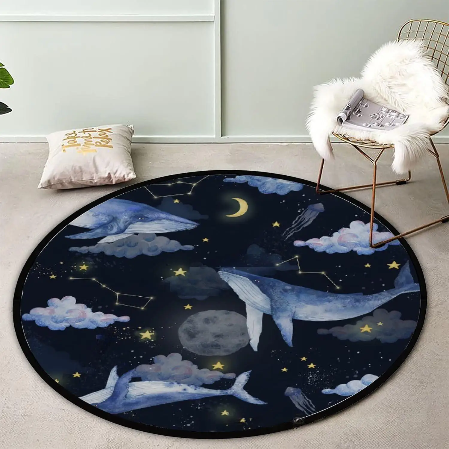 Ocean Animals & Starry Night Round Rug – Whale, Constellation, Moon Design, Nautical Floor Mat for Bedroom & Home Decor