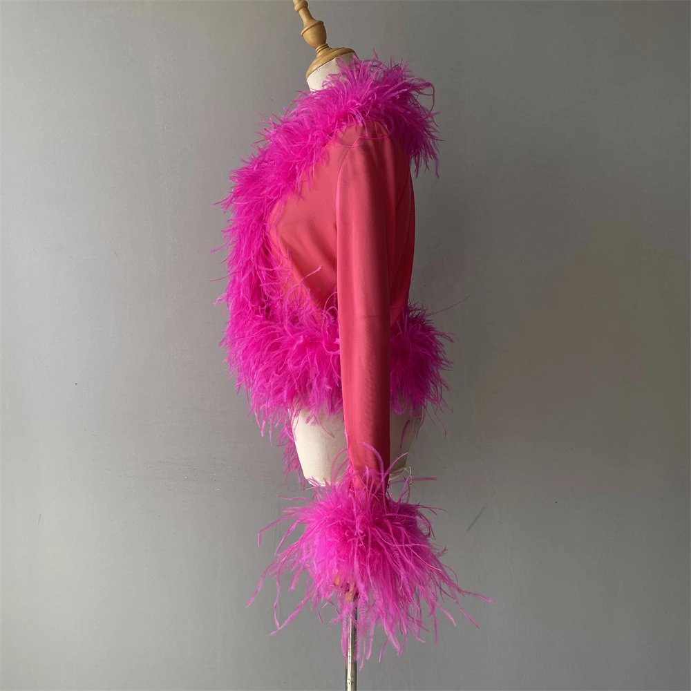 Jxwatcher Women's Sexy Mesh Feather Tops Spring Summer Ladies Vintage Celebrity Real Ostrich Feather Coat Fashion Party Wear New