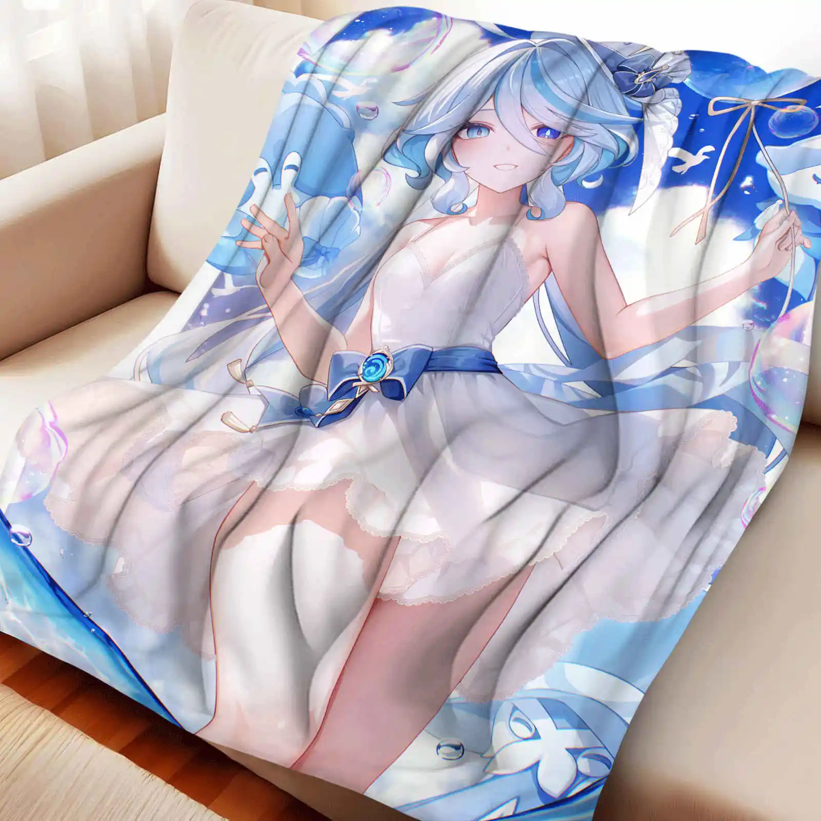 Genshin Impact Furina Flannel Throw Blanket Soft Plush Warm Comfort for Sofa Bedroom Travel Gift Home Textiles