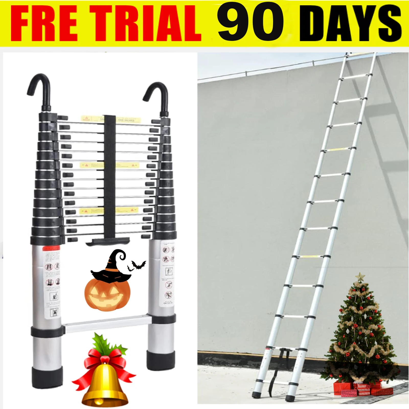 6.2M Heavy Duty Telescopic Ladders With Hooks 14 Steps Aluminum Extending Roof Ladder for Multi-Purpose Indoor Outdoor Roof Work