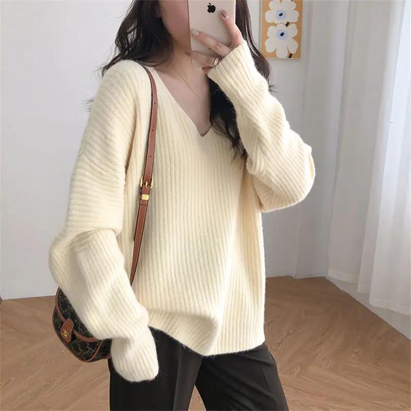 Autumn Winter New Fashion V-neck Long Sleeve Solid Color Pullovers Women's Clothing Loose Casual All-match Trend Knitting Tops