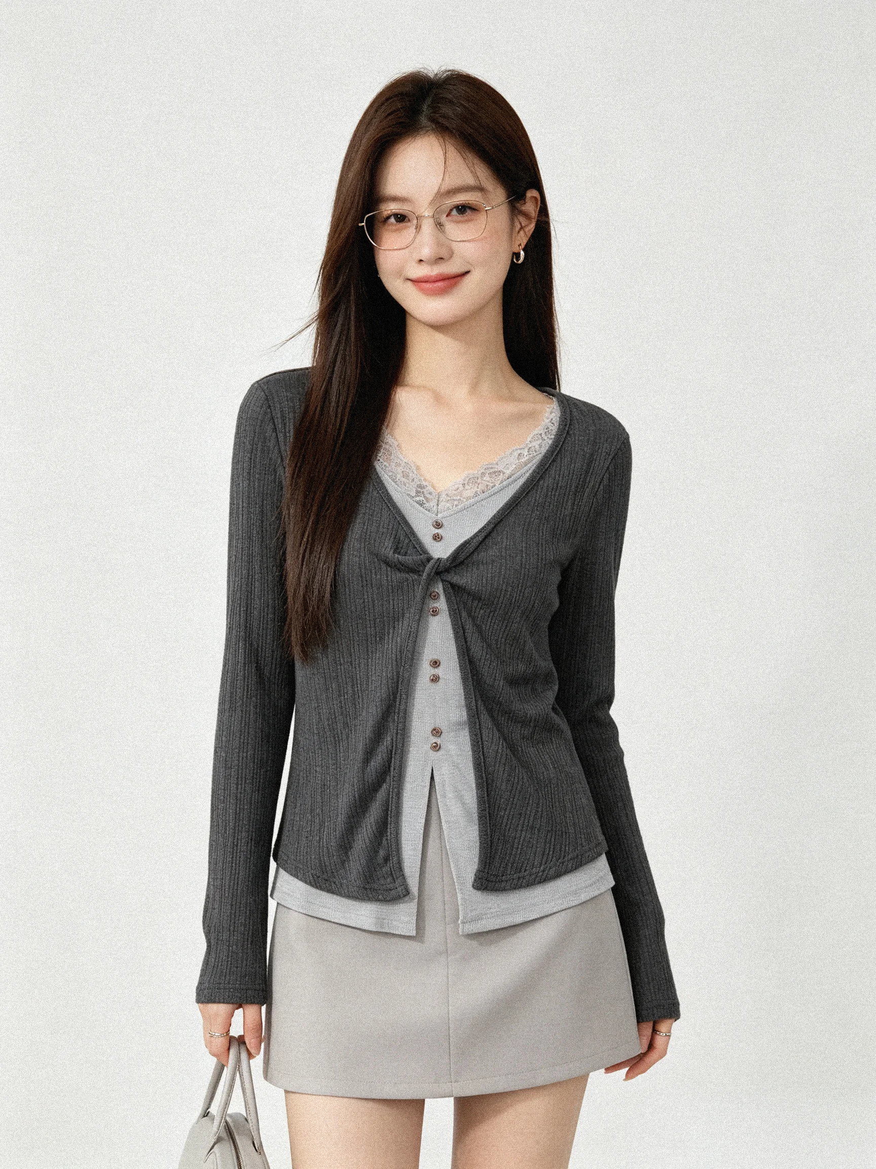 Autumn New Style Soft Skin-friendly Knitted Top Lace Splicing Slimming V-neck Long Sleeve Casual Fashion Ladies' T-shirt