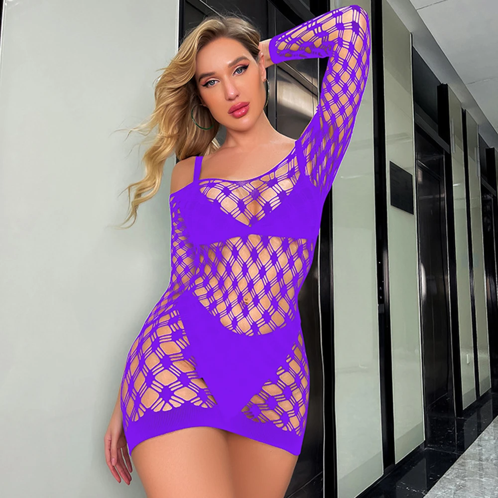 

2023 New Women Beachwear Sexy Lingerie See Through Mesh Nightwear Beach Wear Mesh Backless Dress Hollow Out Fishnet Hip Skirt