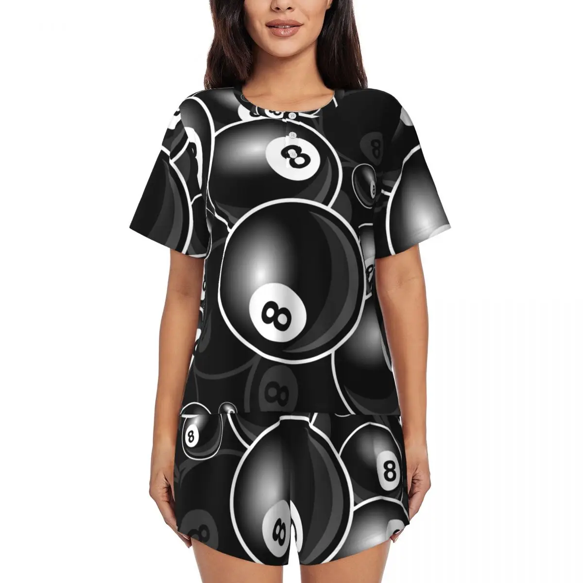 

Бильярдная ночная рубашка с черно-белым принтом 8-шарикового бильярда, с круглым вырезом, короткими рукавами, для женщин, пижамный комплект с короткими штанами