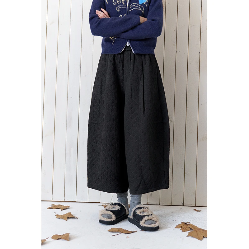 ELFSACK Women's Neo-Chinese Loose Culottes Pants with Drawstring Waist, Solid Black Wide Leg Trousers for Everyday Casual Wear