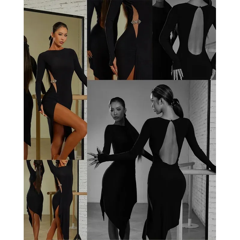 Vestido de dança latina vestido latino preto tango vestido rumba chacha franja vestidos latinos mulher volta cortar