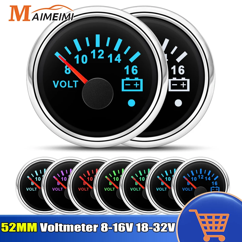 52mm Voltmeter 7 Colors Backlight 8~16V 18~32V Voltage Meter Gauge With Warning Light Volt Meters For 12V 24V Boat Car Marine