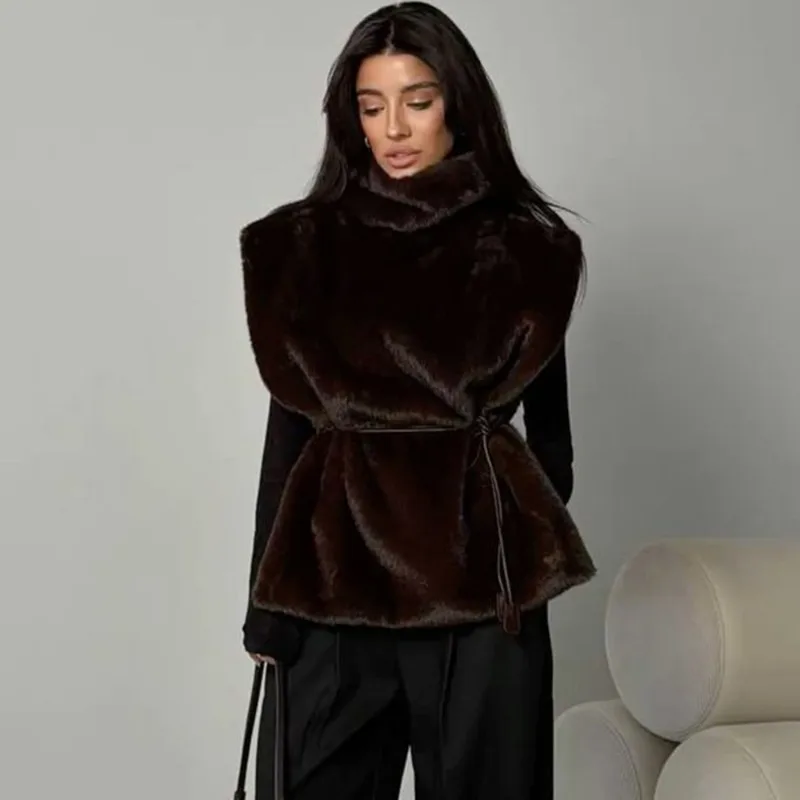 Tuularose Women's Solid Stand Collar Faux Fur Vest Chic High Collar Sleeveless Loose Short Waistcoat Lady Daily New Street Vests