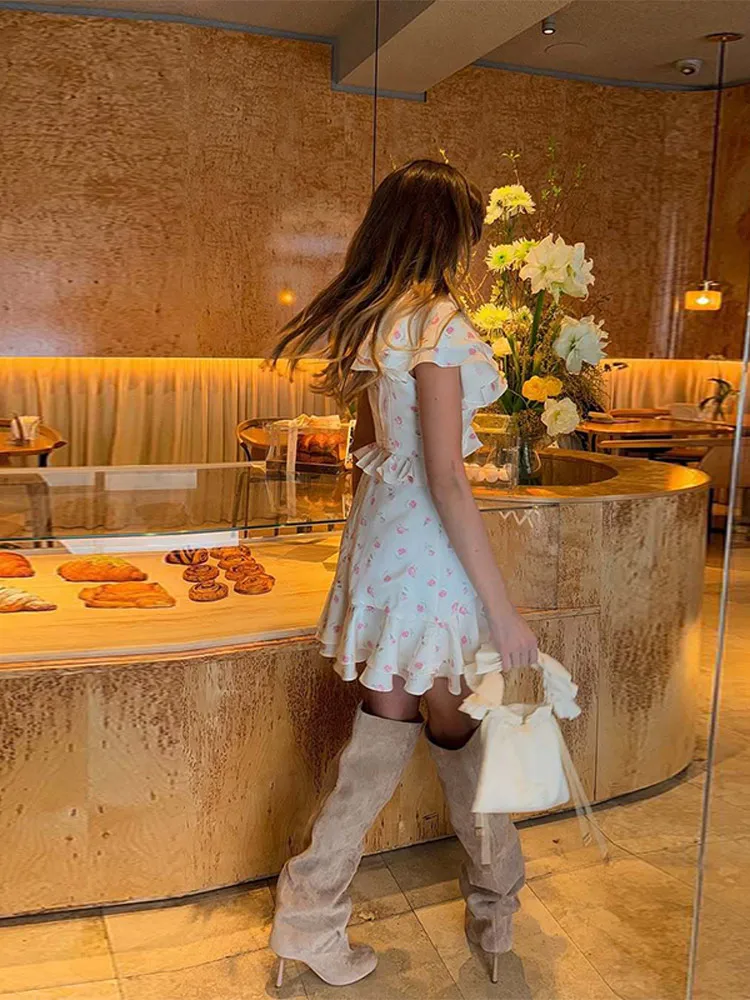 Floral impressão mini vestido feminino elegante em camadas babados decote em v manga curta uma linha vestidos 2025 verão chique senhora alta streetwears