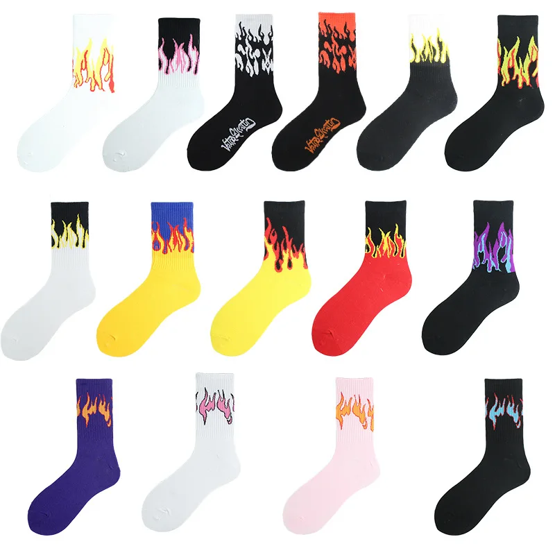 Trend Harajuku style flame mid-tube cotton socks Europe and the United States street hip-hop skateboard sports socks