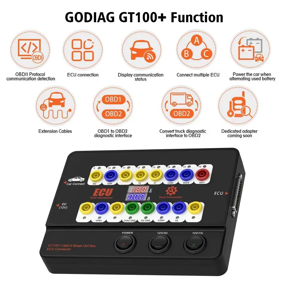 GODIAG GT100 Obdii صندوق الكسر أداة تشخيص السيارة ECU موصل البرمجة 16PIN كاشف بروتوكول اندلاع العرض الحالي