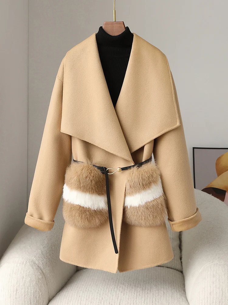 

High end double-sided cashmere coat, medium length fur double-sided woolen coat, for women in autumn and winter